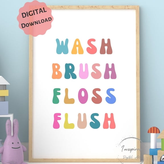 Kna Prints - 1 Pc Poster Wash Brush Floss Flush Printable, Kids Bathroom Wall Decor, Retro Rainbow Colors Art, Bathroom Rules, Toilet Sign, UNFRAMED-16x24