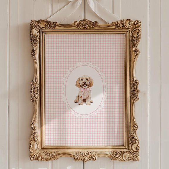 Kna Prints - 1 Pc Poster Watercolor Cockapoo Nursery Art Print | Pink Nursery Decor, Girls Room Vintage Spoodle Dog Art, Coquette Gingham, Printable Wall Art, UNFRAMED-16x24