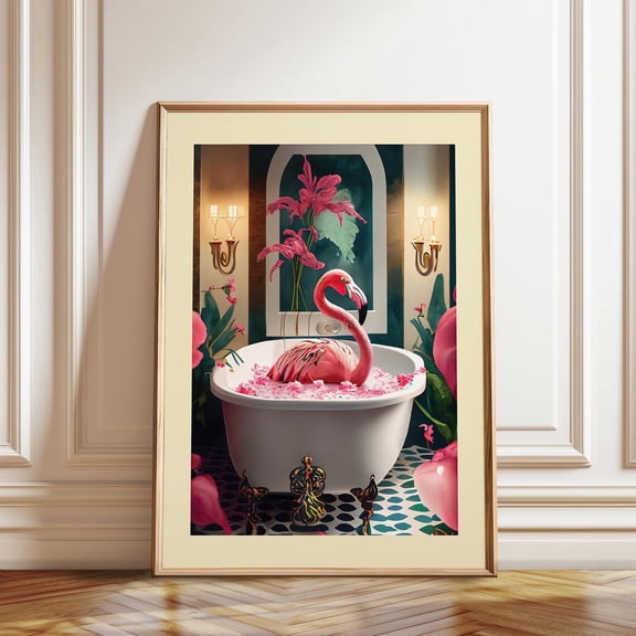 Kna Prints - 1 Pc Poster Whimsical Pink Flamingo Bathtub Art Charming Watercolor Prints Of Playful Flamingo Enjoying Bath Time, And Print, UNFRAMED-8x12