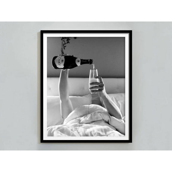 Kna Prints - 1 Pc Poster Woman Drinking Champagne In Bed Print, Feminist , Black And White, Alcohol Wall Art, Bar Cart Print, Bar , Teen Girl Room Decor, UNFRAMED-12x18