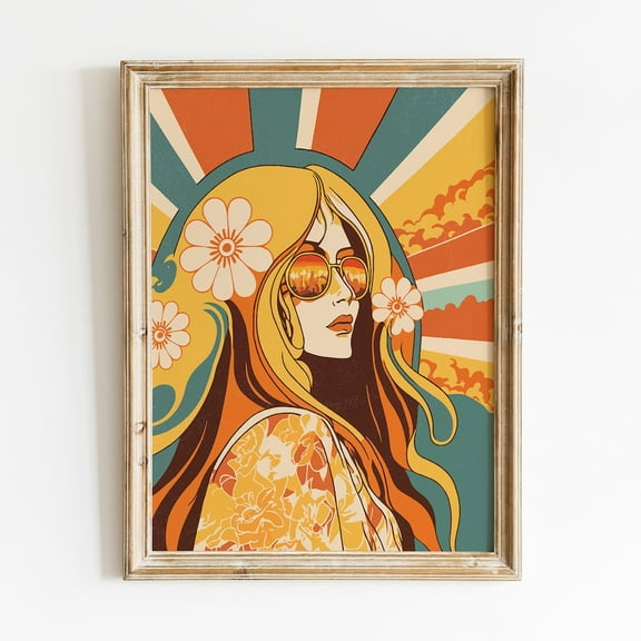 Kna Prints - 70S Poster, Hippie Woman Wall Art, Aesthetic Room Decor, Groovy Wall Art, Retro 70S Home Decor, Vintage Poster, Colorful Flowers Print Unframed Poster, UNFRAMED-12x18