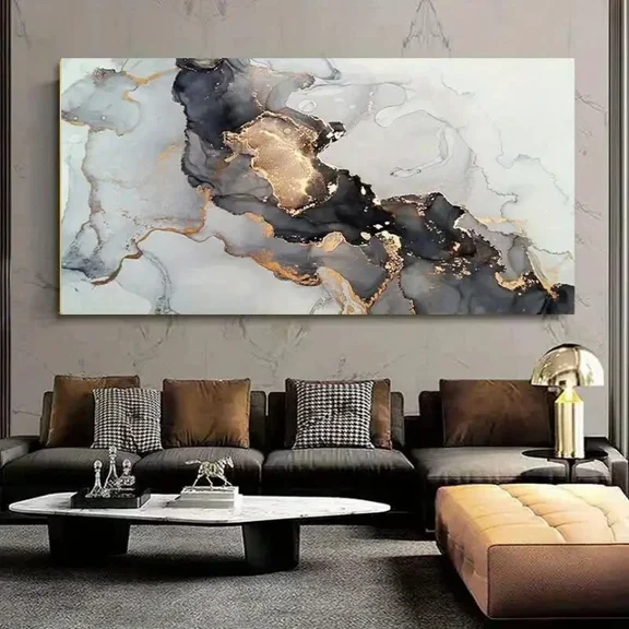 Kna Prints - Abstract Gold Grey Black Geometric Cloud Painting Poster Print Art For Home Decor, Living Room, Bedroom, Office, UNFRAMED-8x12