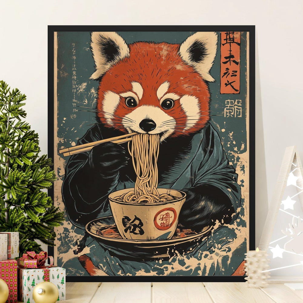 Kna Prints - Adorable Red Panda Eating Ramen Poster, Cute Animal Wall ...