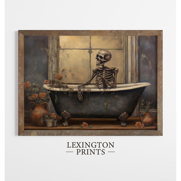Kna Prints - Bathtub Skeleton Decor Bathroom Decor Painting Wall Art Spooky Season Vintage Skeleton Wall Art 174, UNFRAMED-8x12