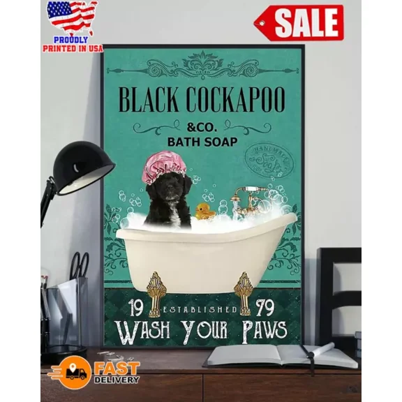 Kna Prints - Black Cockapoo And Co Bath Soap Wash Your Paws Poster - Kir 6540, UNFRAMED-16x24