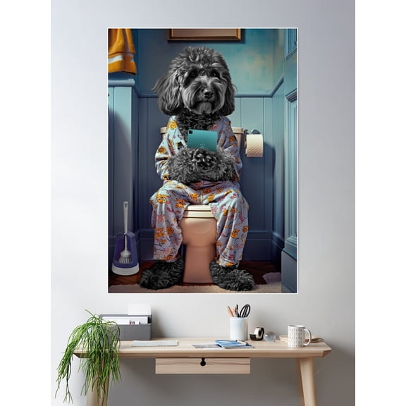 Kna Prints - Black Cockapoo On The Toilet Funny Dog Art Bathroom Poster , UNFRAMED-8x12