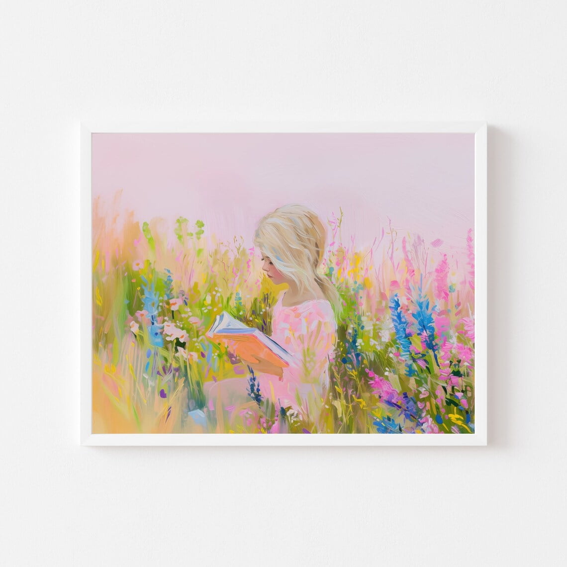 Kna Prints - Blonde Girl Reading Painting Pastel Wildflower Wall Art ...