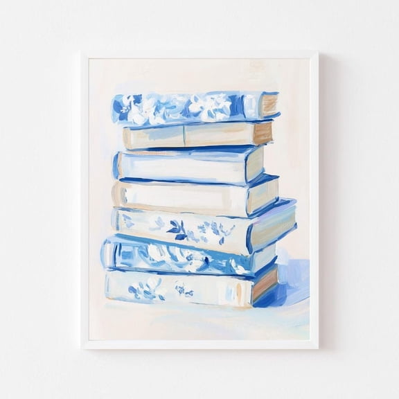 Kna Prints - Blue Floral Book Stack Painting Pastel Reading Nook Wall Art Print Colorful Library Grandmillennial Style Wall Art Decor For Home Office, UNFRAMED-8x12