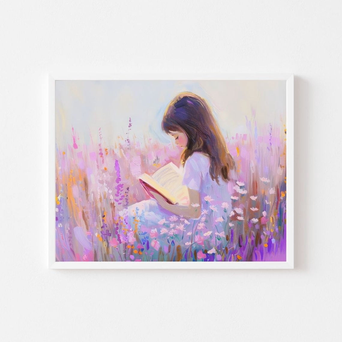 Kna Prints - Brunette Girl Reading Painting Pastel Wildflower Wall Art ...