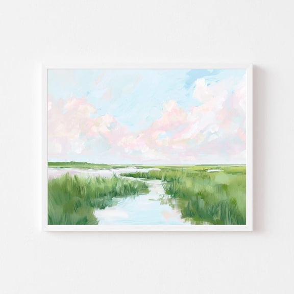 Kna Prints - Coastal Marsh Landscape Painting Pastel Lowcountry Wall Art Print Beach House Watercolor Pink Carolina Sky Wall Art Decor For Home Office, UNFRAMED-12x18