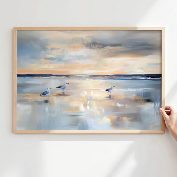 Kna Prints - Coastal Wall Art Print Seagulls On Beach At Sunset Tranquil Ocean Horizontal Painting Digital Seaside Decor Nautical Maritime Art Wall Art Decor For Home Office, UNFRAMED-8x12