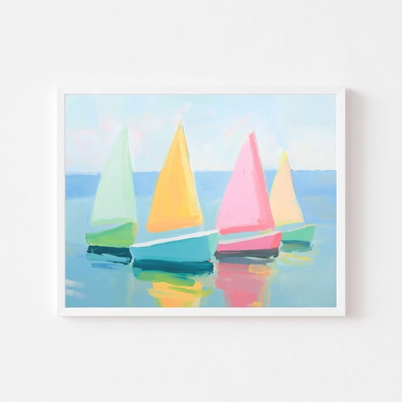 Kna Prints - Colorful Kid'S Room Sailboats Painting Coastal Boats Wall Art Print Nautical Beach House Vibrant Boating Wall Art Decor For Home Office, UNFRAMED-8x12