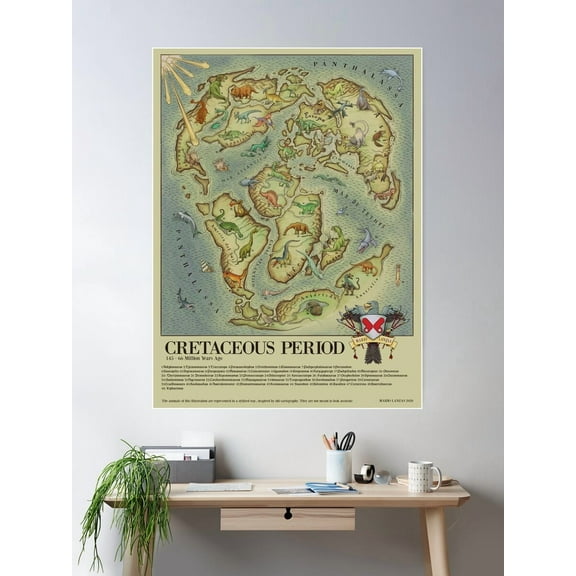 Kna Prints - Cretaceous Period World Map (Medieval Bestiary Style) Poster , UNFRAMED-24x36