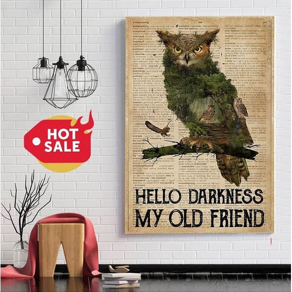 Kna Prints - Dictionary Owl Hello Darkness My Old Friend Print Poster Home Decor, Vintage Art Print, Haging Poster, Cute Birthday Gift, Wall Art - Kir 2781, UNFRAMED-8x12