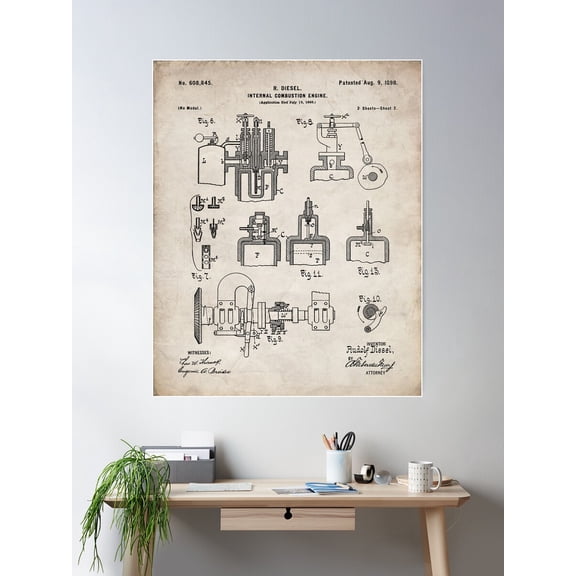 Kna Prints - Diesel Engine Patent - Mechanic Auto Repair Garage Art - Antique Poster , UNFRAMED-8x12