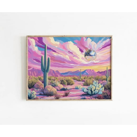 Kna Prints - Disco Cactus Cowgirl Wall Art, Cowgirl Dorm Decor, Funky Disco Poster, Preppy Pink Room Decor Aesthetic, Disco Art, UNFRAMED-8x12