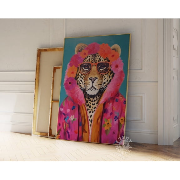 Kna Prints - Fashion Leopard Wall Art Print, Funky Wall Art, Dopamine Aesthetic, Maximalist Decor, Funny Animal Painting, Trendy Preppy Digital Print, UNFRAMED-8x12