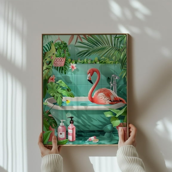 Kna Prints - Flamingo Restroom Sign, Animal Fun Bathroom Decor, Flamingo Print, Maximalist Animal Bathtub Wall Art, Flamingo Watercolor Art Digital, Decor For Living Room Bedroom, UNFRAMED-8x12