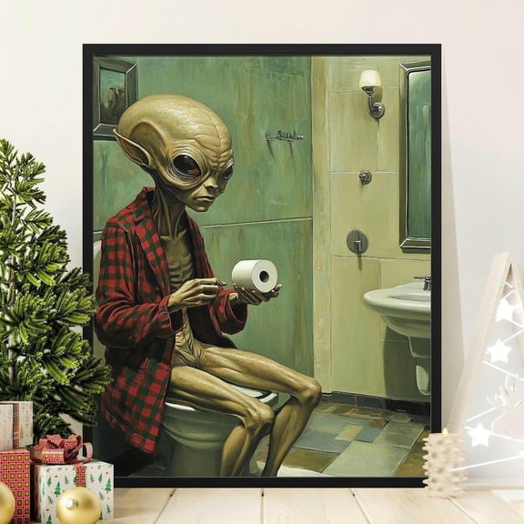 Kna Prints - Funny Alien Bathroom Poster, Cute Alien Holding Toilet Paper Wall Art, Unique Alien Decor, Quirky Bathroom Art, Hum.Orous Wall Print Unframed Poster, UNFRAMED-18x24
