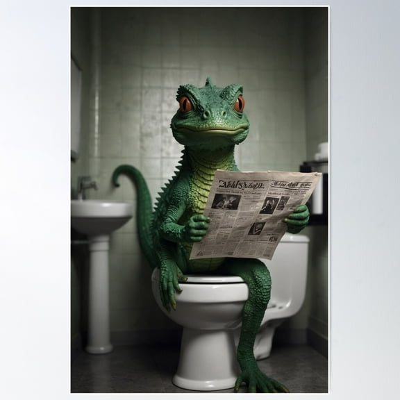 Kna Prints - Funny Lizard Reading Newspaper Bathroom Art Poster , UNFRAMED-24x36