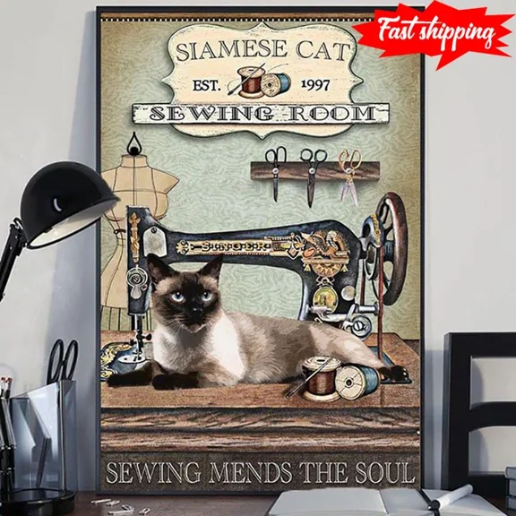 Kna Prints - Funny Siamese Cat Est.1997 Sewing Room Sewing Mends The Soul For Home Decor, Living Room, Bedroom, Office, UNFRAMED-12x18