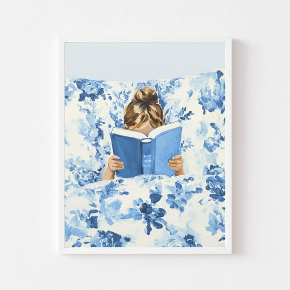 Kna Prints - Girl Reading In Blue Floral Bed Painting Pastel Book Lover Wall Art Print Tween Girl'S Room Girly Nursery, UNFRAMED-8x12