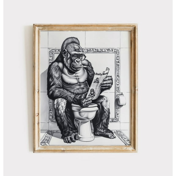 Kna Prints - Gorilla Monkey Newspaper Poster Funny Animal Bathroom Digital Print Safari Animal Decor Bathroom Humor Moody Animal Art Gorilla Wall Art, UNFRAMED-24x36