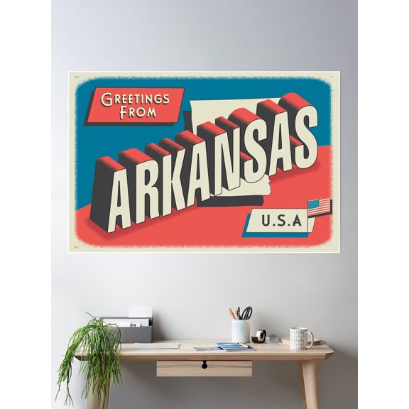 Kna Prints - Greetings From Arkansas Retro Travel Postcard Design With State Map And Patriotic American Flag Poster , UNFRAMED-24x36