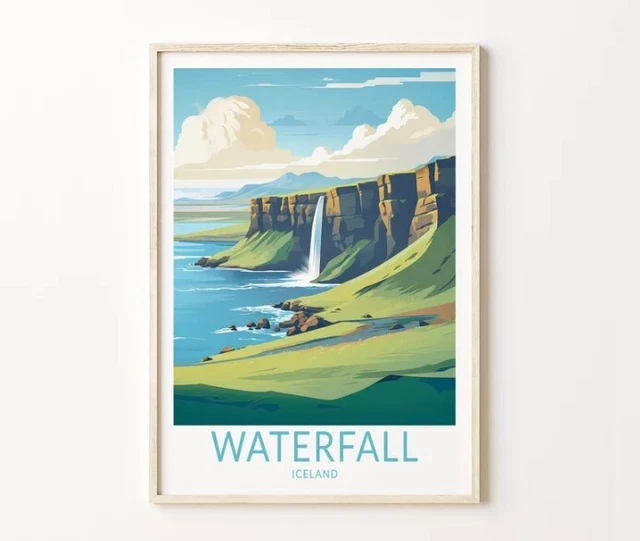 Visual Reference: Kna Prints Iceland Waterfall Travel Poster Wall Art Iceland