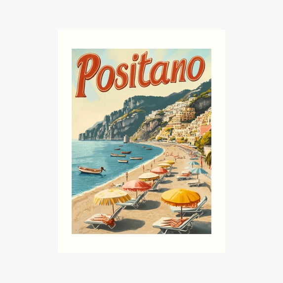 Kna Prints - Kir 4344 - Visitors Relax On Sunbeds With Vibrant Umbrellas While Boats Float Near The Shoreline In Positano, Showcasing The Beauty Of The Amalfi Poster, UNFRAMED-24x36