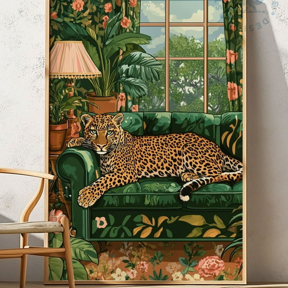 Kna Prints - Leopard Lounging On Luxury Sofa Wall Art, Maximalist Animal Decor Gift, Retro Glam Bedroom , Trendy Bold For Home For Home Decor, Living Room, Bedroom, Office, UNFRAMED-12x18