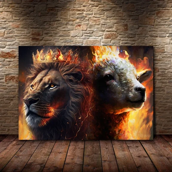 Kna Prints - Lion King And Lamb L Art, Lion And Lambire Effect, Lion Of For Home Decor, Living Room, Bedroom, Office, UNFRAMED-12x18