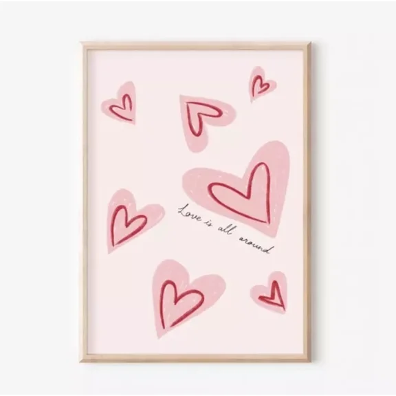 Kna Prints - Love Is All Around Art Print, Retro Love Quote Wall Art, Pink Typography Poster For Home Decor, Living Room, Bedroom, Office, UNFRAMED-8x12