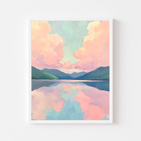 Kna Prints - Mountain And Lake Sunset Painting Colorful Landscape Wall Art Print Cloud Mirror Pink Sky Pastel Heaven, UNFRAMED-12x18