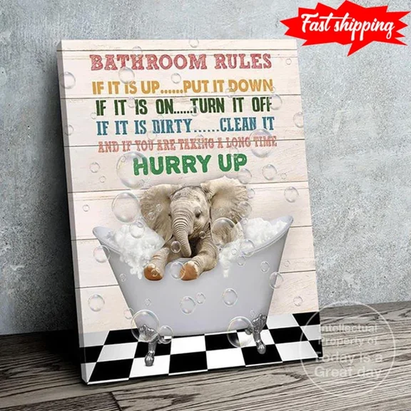 Kna Prints - New Version Baby Elephant In The Bathtub Bathroom Rules If It Is Up Put It Down For Home Decor, Living Room, Bedroom, Office, UNFRAMED-8x12