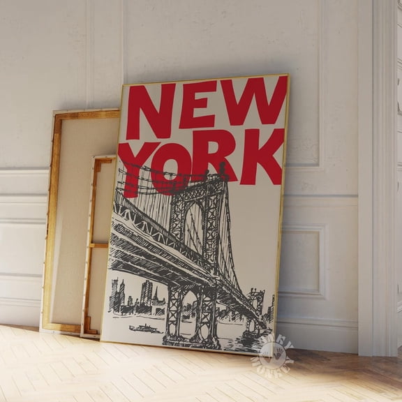 Kna Prints - New York Wall Art, Retro Nyc Poster, Trendy Red Brooklyn Bridge Print, New York City Dorm Decor, Cityscape, Digital Print Wall Art, UNFRAMED-24x36
