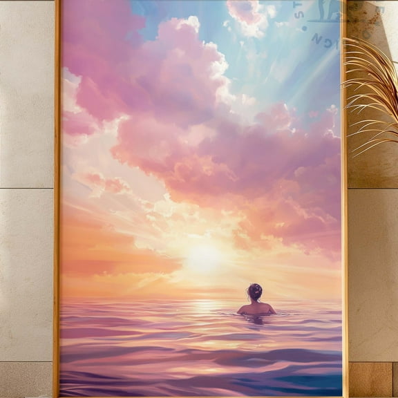 Kna Prints - Pastel Sunset Beach Swim Wall Print, Ocean Wave, Ocean, Beach, Sunset, Seaside, Swimming Girl, Digital Print, Wall Art, , Sky, Pastel Wall Art Decor For Home Office UNFRAMED-12x18