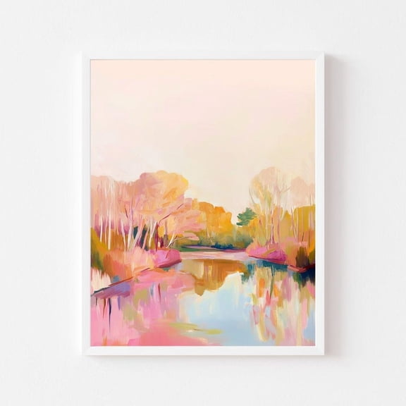 Kna Prints - Pink Autumn Lake Landscape Painting Fall Marsh Wall Art Print Colorful Pastel River November Forest Scenery, UNFRAMED-24x36