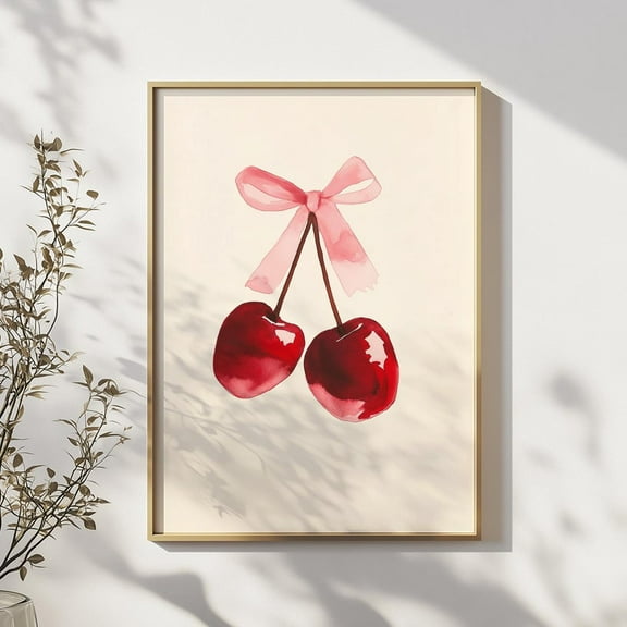 Kna Prints - Pink Bow Cherry Print, Red Feminine Illustration For Girl Room Or Teen Bedroom Decor, Trendy Apartment Wall Decor Poster,, UNFRAMED-24x36