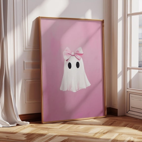 Kna Prints - Pink Bow Ghost Print, Pinkoween Decor, Preppy Trendy , Pink Coquette Aesthetic, Cute Ghost Painting, Spooky Ghost Posters, UNFRAMED-24x36