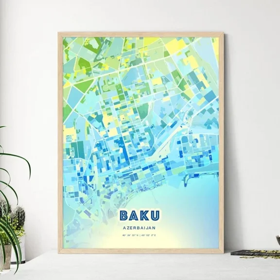 Kna Prints - Poster Baku Azerbaijan Bluish Art Map Customizable Poster Print Unique Wall Decor, UNFRAMED-12x18