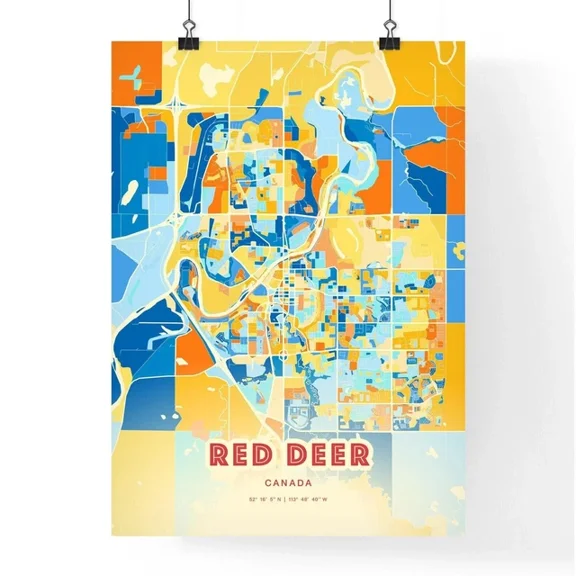 Kna Prints - Poster Colorful Red Deer Canada Blue Orange Fine Art Print Red Deer Canada City Map, UNFRAMED-16x24