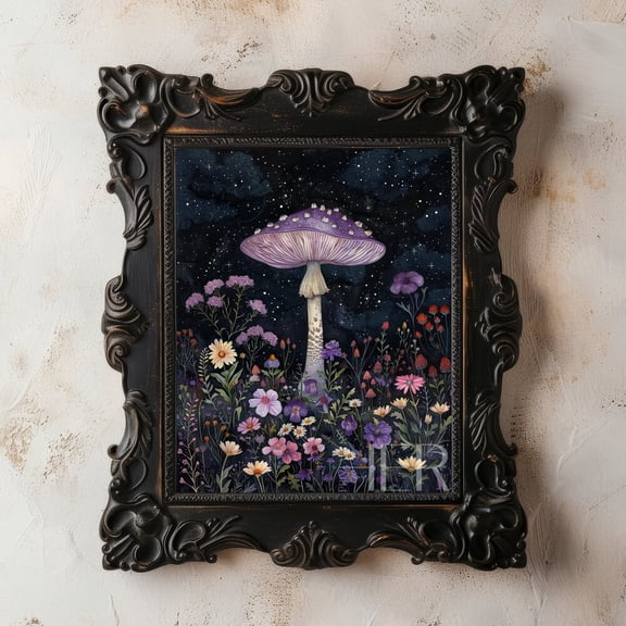 Kna Prints - Purple Mushroom Night Sky Meadow Dark Cottagecore Print Moody Botanical Decor Gothic Floral Wall Art Academia Animal Painting Art Download, UNFRAMED-24x36