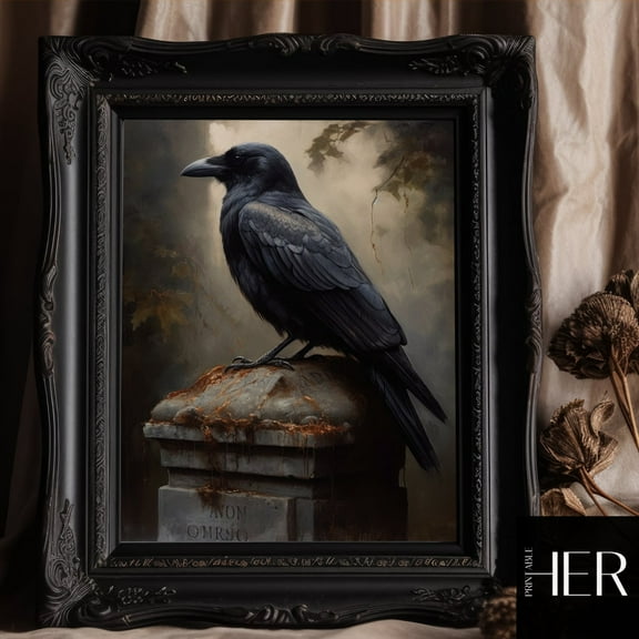 Kna Prints - Raven On Tombstone Graveyard Scene Victorian Mansion Dark Cottagecore Academia Vintage Antique Painting Moody Wall Art Decor Printable Art, UNFRAMED-8x12