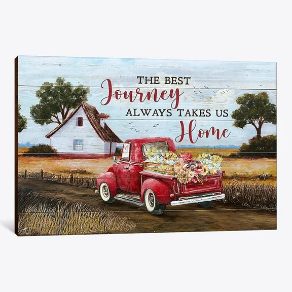 Kna Prints - Red Truck The Best Journey Always Takes Us Home Art Christian Wall A For Home Decor, Living Room, Bedroom, Office, UNFRAMED-16x24