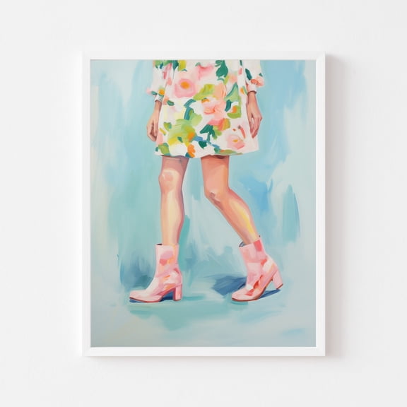 Kna Prints - Retro 60S Floral Dress Painting Colorful Fashion Wall Art Print Vintage Pastel Pink Boots Trendy Girly, UNFRAMED-12x18
