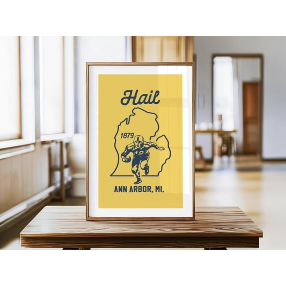 Kna Prints - Retro Football Print Michigan Wall Art College Sports Team Poster Football Gift For Sports Lover Wall Decor Ann Arbor Dad Gift, UNFRAMED-12x18