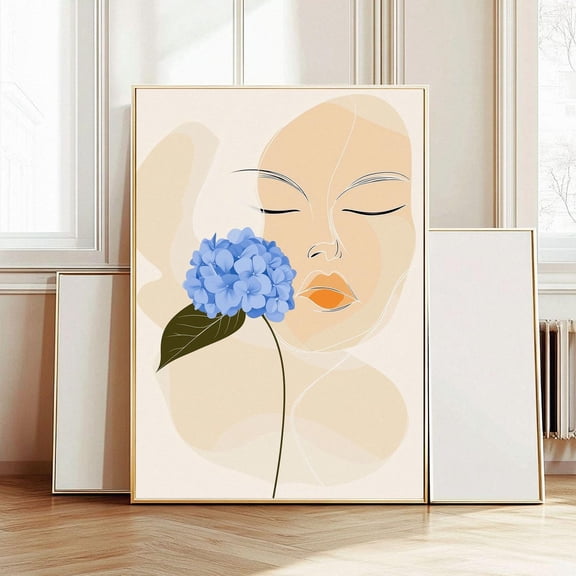 Kna Prints - Spring Season Wall Art , Blue Hydrangea Floral Illustration, Delicate Beige Tone Wall Decor, Large Size For Printing 245 For Home Decor, Living Room, Bedroom, Office, UNFRAMED-24x36