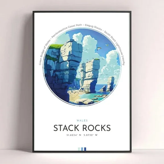 Kna Prints - Stack Rocks Poster, Pembrokeshire Wales Travel Print, Printable Wall Art For Home Decor, Living Room, Bedroom, Office, UNFRAMED-8x12