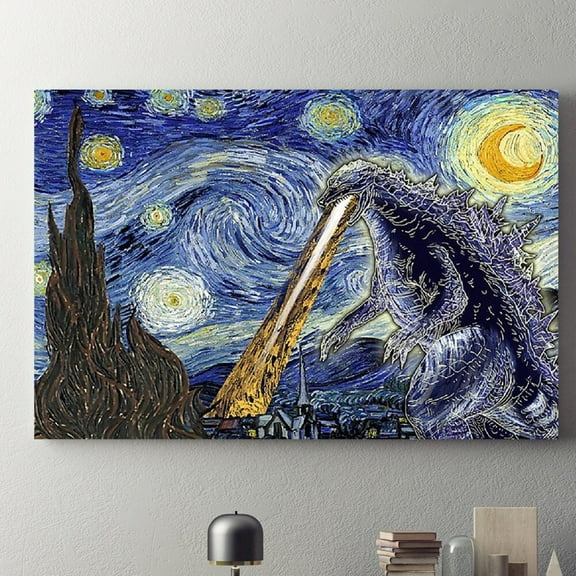 Kna Prints - Starry Night With Godzilla Poster, Godzilla Poster, Godzilla Poster, Starry Night Poster, Van Gogh Wall Decor Unframed Poster, UNFRAMED-8x12